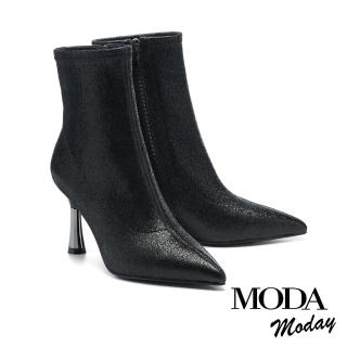 【MODA Moday】華麗復古風金蔥彈力羊皮尖頭美型高跟短靴(黑)