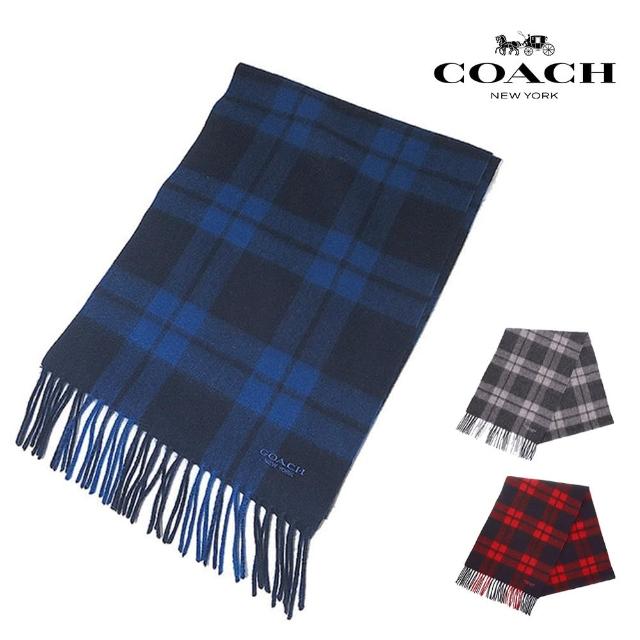 【COACH】純羊毛保暖格紋流蘇圍巾