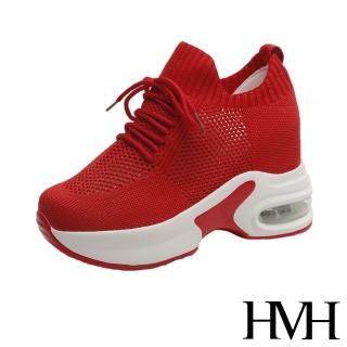 【HMH】舒適透氣飛織綁帶時尚氣墊厚底內增高休閒鞋(紅)
