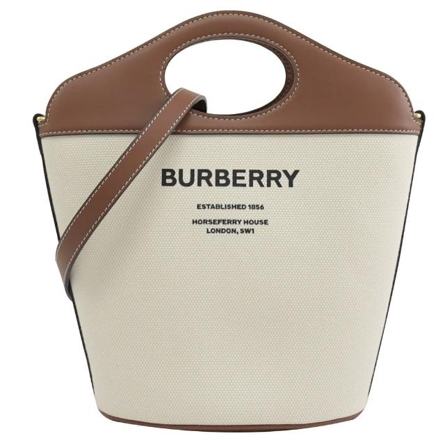 【BURBERRY 巴寶莉】Pocket 專櫃秀包經典LOGO帆布手提兩用包水桶包(咖邊)