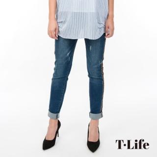 【T.Life】率性豹紋織帶造型九分牛仔褲(1色)