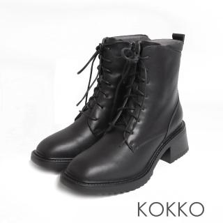 【KOKKO 集團】性格方頭鋸齒大底綁帶拉鏈雙設計靴素面黑(素面黑)