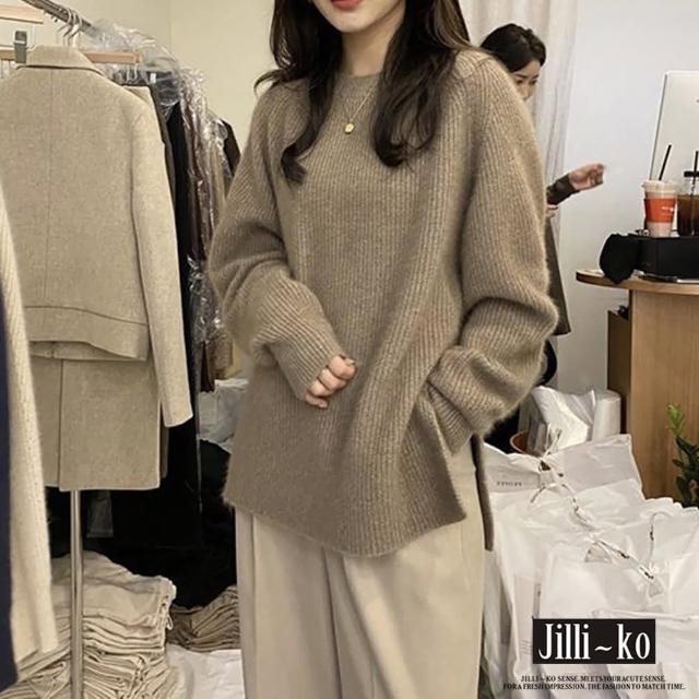 【JILLI-KO】韓版純色寬版下擺開衩針織毛衣-F(卡/深藍)