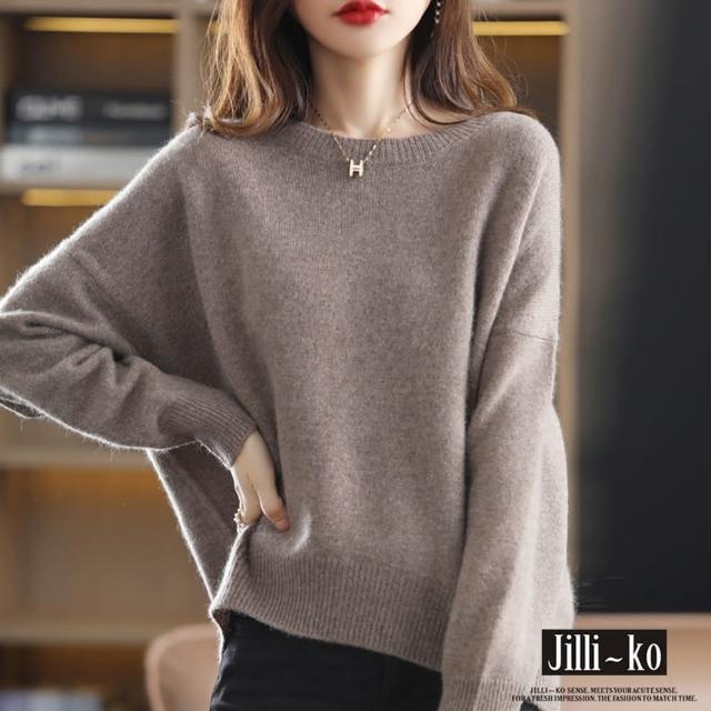【JILLI-KO】韓版純色圓領寬鬆蝙蝠袖針織衫-F(黑/深卡)
