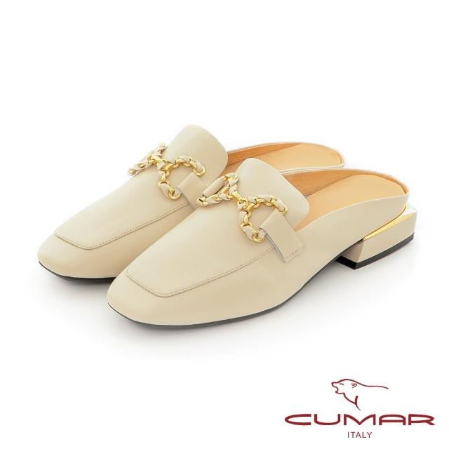 【CUMAR】穿皮條釦環低粗跟穆勒鞋(米白色)