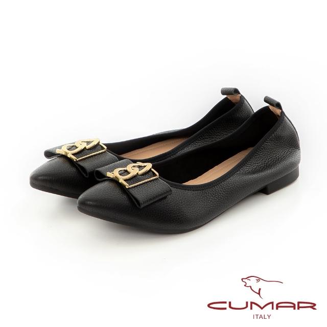 【CUMAR】大金屬鎖鏈尖頭平底鞋(黑色)