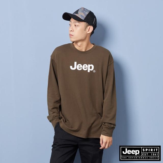 【JEEP】男裝 品牌LOGO文字印花寬版長袖T恤(綠色)