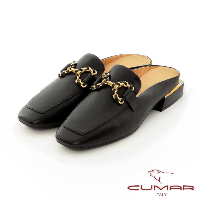 【CUMAR】穿皮條釦環低粗跟穆勒鞋(黑色)