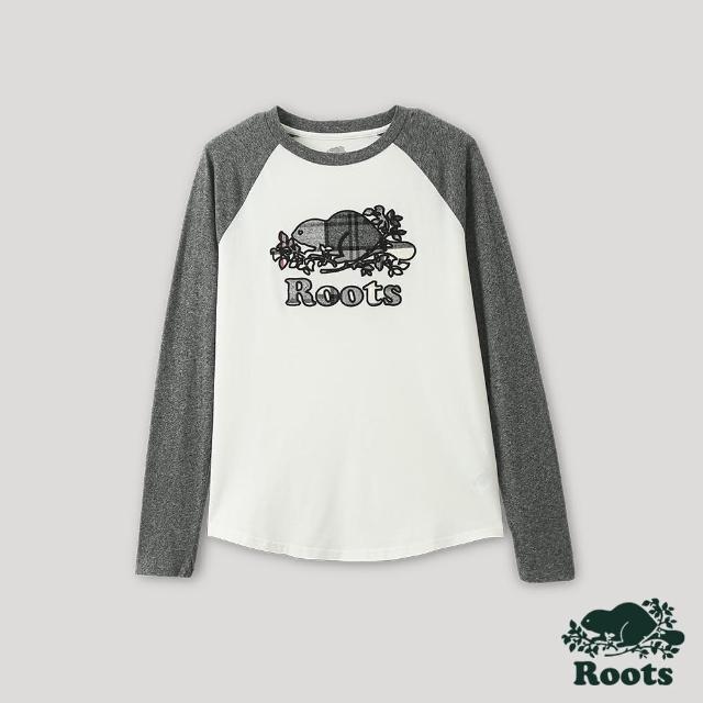 【Roots】Roots 女裝- 格紋風潮系列 海狸LOGO棒球長袖T恤(灰色)