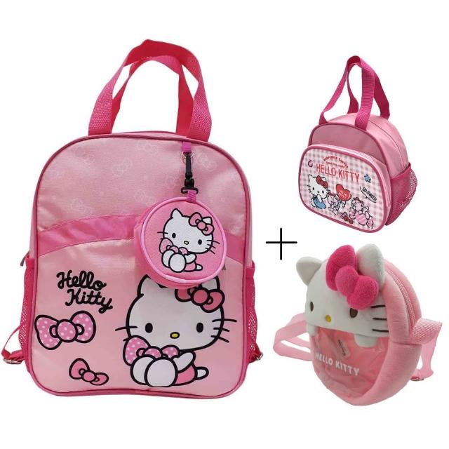 【SANRIO 三麗鷗】手提後背包+雙層便當袋+絨毛斜背包(Hello Kitty)