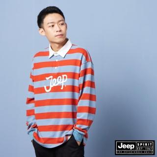 【JEEP】男裝 LOGO撞色條紋長袖POLO衫(紅色)