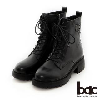 【bac】經典雙色感綁帶金屬飾扣裝飾短靴(黑色)