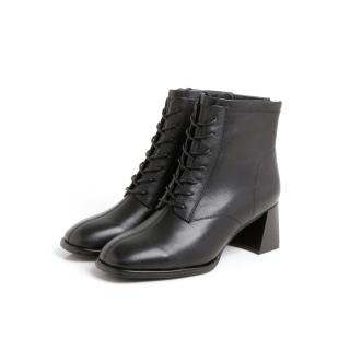 【viina】羊皮氣質高跟7孔短靴-黑(短靴裸靴)