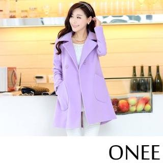 【Onee】毛呢外套 修身外套/時尚韓版毛呢修身大口袋造型純色大衣外套(紫)