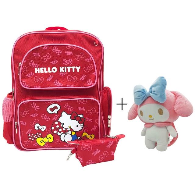 【SANRIO 三麗鷗】三麗鷗透氣書包+立體絨毛背包組(Hello Kitty 美樂蒂)