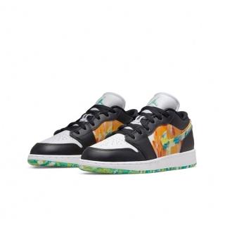 【NIKE 耐吉】籃球鞋 Air Jordan 1 Low SE GS Drip 水彩 渲染 黑綠橙 大童 女鞋 DJ6252-038