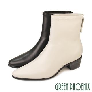【GREEN PHOENIX 波兒德】女款極簡主義小羊皮貼腿尖頭粗中跟短靴/馬靴(米色、黑色)