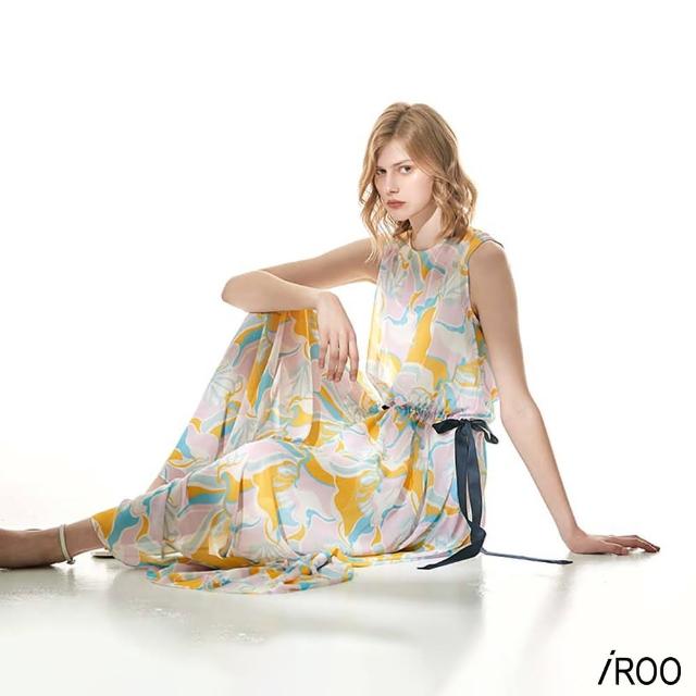 【iROO】溫柔印花側綁帶式收腰長洋裝