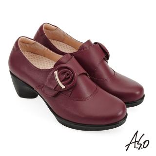 【A.S.O 阿瘦集團】健康按摩 花飾自黏帶中跟鞋(暗紅色)