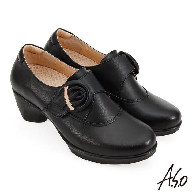 【A.S.O 阿瘦集團】健康按摩 花飾自黏帶中跟鞋(黑色)