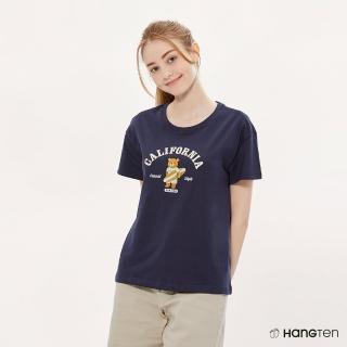 【Hang Ten】女裝-RELAXED FIT BCI純棉加州熊主題印花短袖T恤(深藍)