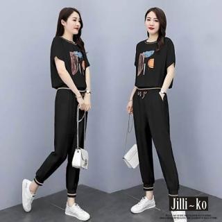 【JILLI-KO】兩件套極簡印花抽繩休閒運動套裝-F(黑)