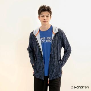 【Hang Ten】男裝-REGULAR FIT方格提織抗曬紗彈性連帽涼感外套(深藍)