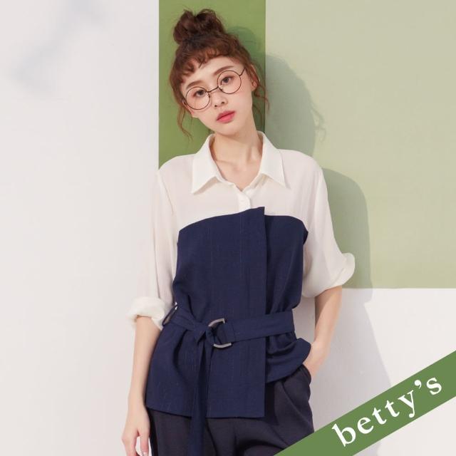 【betty’s 貝蒂思】拼接布腰帶雪紡襯衫(深藍)