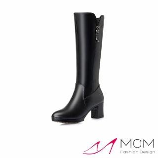 【MOM】真皮長靴 高跟長靴/真皮保暖機能粗高跟時尚流蘇裝飾長靴(黑)