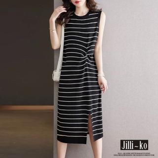 【JILLI-KO】扭結造型條紋開衩冰絲針織背心裙-F(黑)