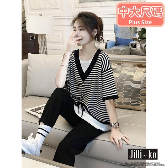 【JILLI-KO】假兩件抽繩設計條紋罩衫短袖T恤-F(黑)