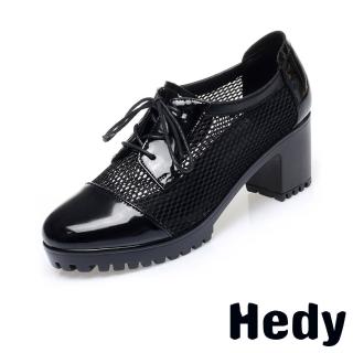 【Hedy】漆皮馬丁鞋 高跟馬丁鞋/時尚亮漆皮網紗拼接繫帶高跟馬丁鞋(黑)