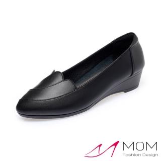 【MOM】真皮跟鞋 尖頭跟鞋 坡跟跟鞋/真皮小尖頭流線花邊鞋口舒適坡跟鞋(黑)