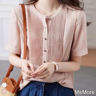 【MsMore】粉色短袖雪紡襯衫夏季新款純色褶皺簡約氣質薄款中長上衣 #116951(2色)