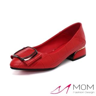 【MOM】真皮跟鞋 粗跟跟鞋 尖頭跟鞋/真皮尖頭淺口格子壓紋蝴蝶結異形粗跟鞋(紅)