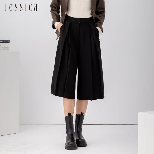 【JESSICA】時尚百搭顯瘦折邊五分寬褲224322（黑）