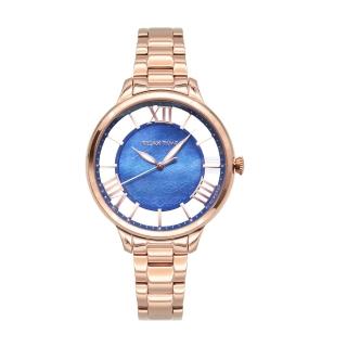 【Relax Time】晨曦之光系列 玫瑰金框 藍色貝殼面 立體鏤空刻度 不鏽鋼錶帶 女錶 手錶 情人節(RT-82-5)