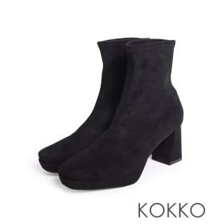 【KOKKO 集團】增高再增高氣勢滿分方頭粗跟短靴(麂皮黑)