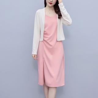 【KVOLL】玩美衣櫃兩件式外套洋裝純色細肩帶開衩連身裙L-5XL(共二色)