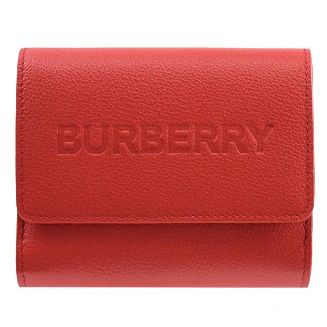 【BURBERRY 巴寶莉】經典品牌烙印LOGO小牛皮雙面扣式零錢短夾(紅)