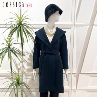 【Jessica Red】氣質時尚百搭綁帶連帽羊毛大衣外套8246C7
