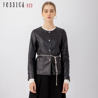 【Jessica Red】高雅帥氣修身羊皮圓領短版皮衣外套824Z03