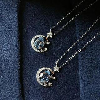 【Umi】韓式東大門星星月亮微鑲鑽藍色單鑽簡約奢華時尚優雅百搭銀項鍊(韓劇精緻情人節禮物)