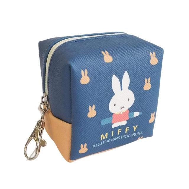 【小禮堂】米飛兔 皮質立體方形零錢包附扣 - 藍卡其畫筆款(平輸品)
