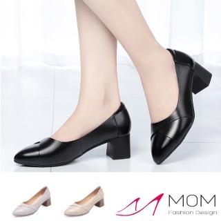 【MOM】真皮跟鞋 粗跟跟鞋 尖頭跟鞋/真皮經典小尖頭純色折線造型粗跟鞋(3色任選)