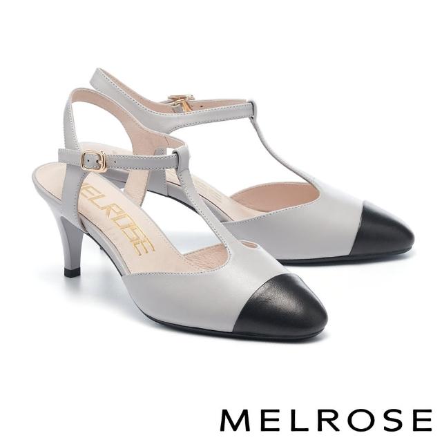 【MELROSE】氣質時尚雙色拼接羊皮瑪莉珍高跟鞋(灰)