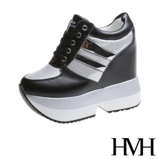 【HMH】潮流金蔥亮皮拼接個性鬆糕厚底內增高休閒鞋(黑)