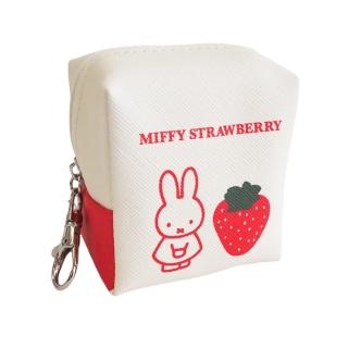 【小禮堂】米飛兔 皮質立體方形零錢包附扣 - 米紅草莓款(平輸品)