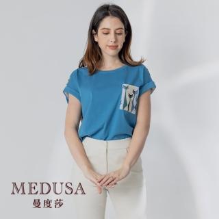 【MEDUSA 曼度莎】現貨-後雪紡拼接 藍色貓咪T恤（M-XL）｜女上衣 女短袖上衣 拼接(101-71101)