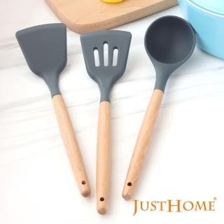 【Just Home】櫸木柄耐熱不沾鍋專用矽膠料理鏟匙勺3件組(炒鏟+煎鏟+湯勺)